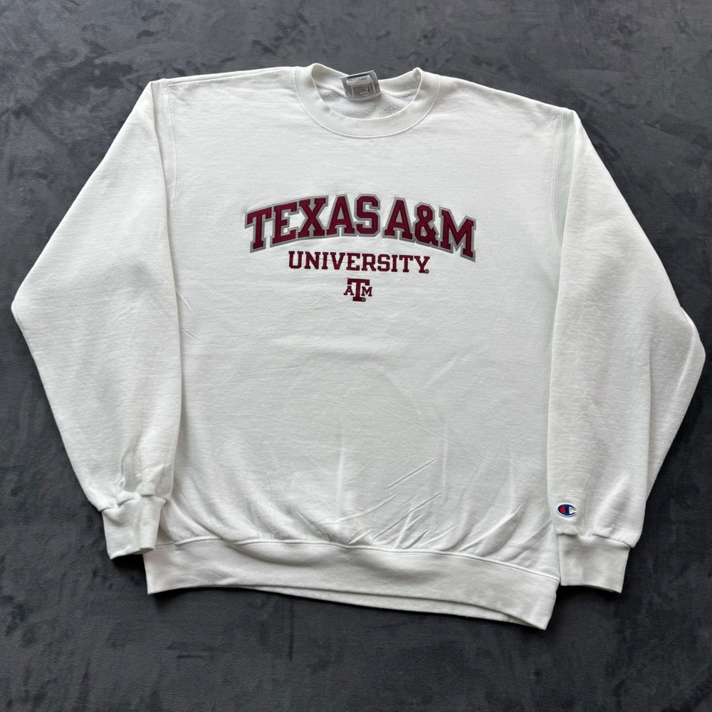 Champion Texas A&M University Sweatshirt White Crewneck Large Embroidered Logo